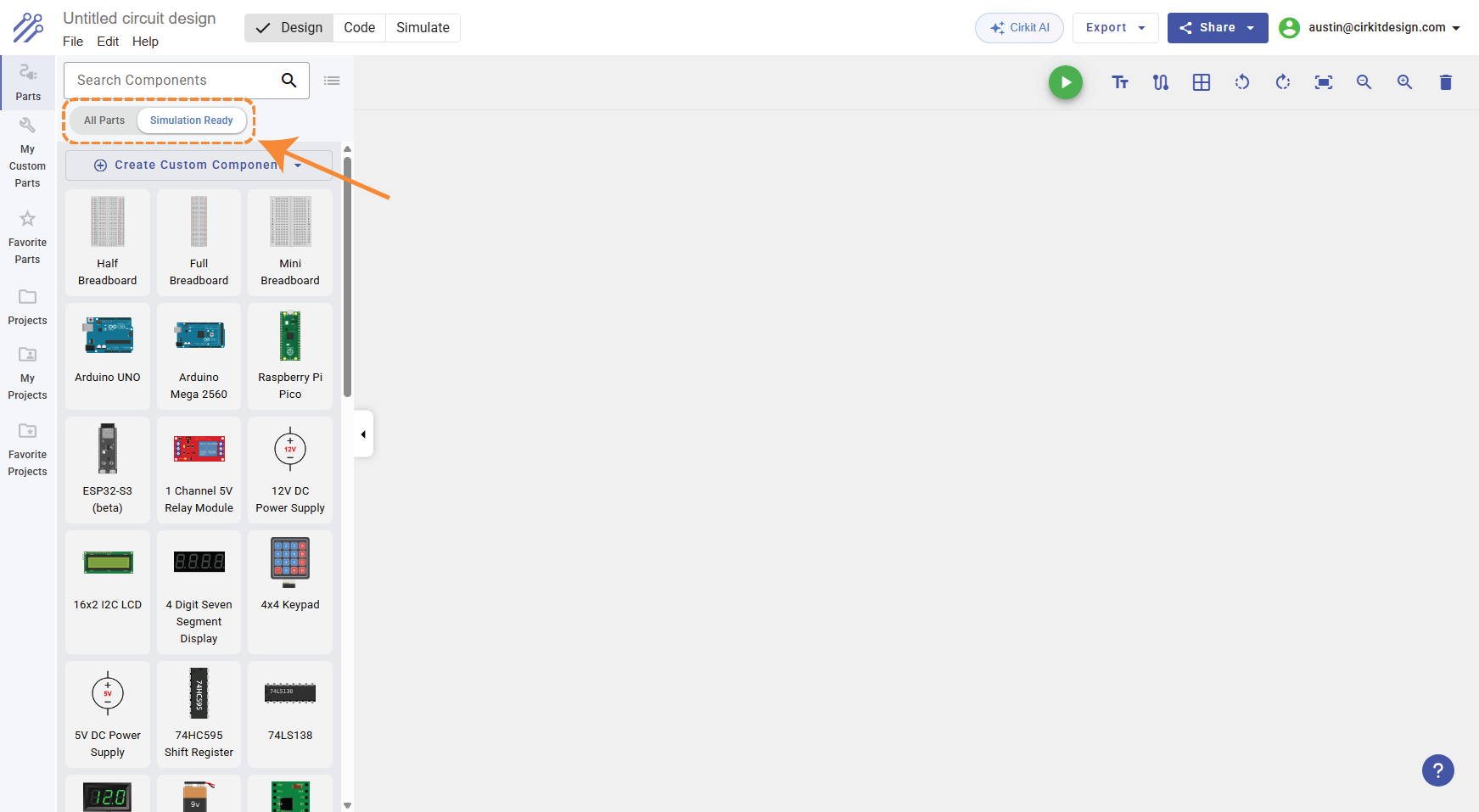 Simulation Ready filter in the Components Panel